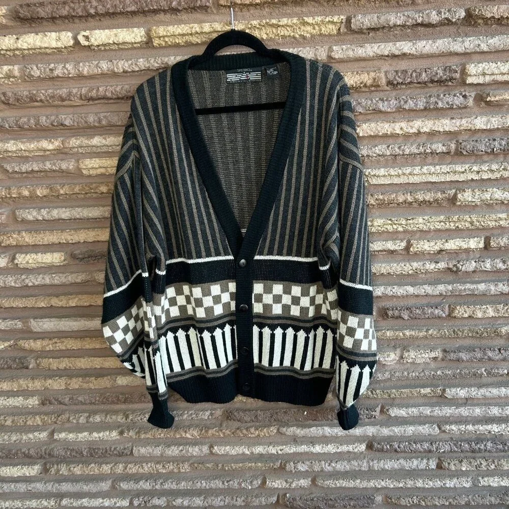 Vintage 80s 90s Men's Dad Grandpa Spettro Geometric Cardigan Sweater Size XL